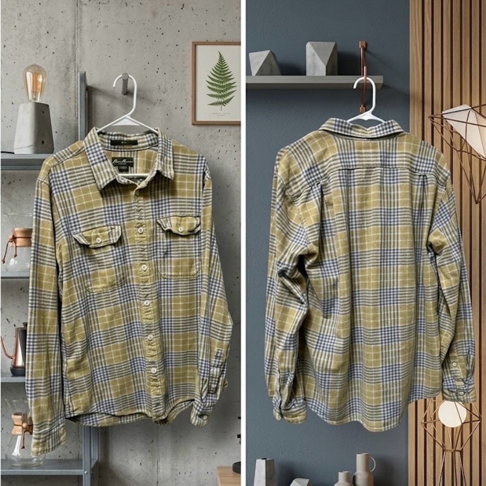 Eddie Bauer Yellow Plaid Flannel Button-Up Size Large
